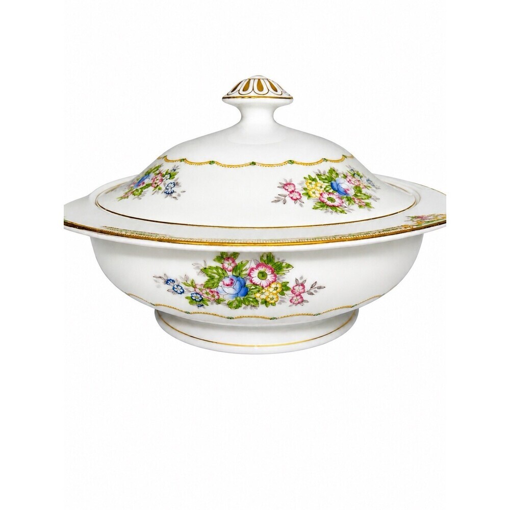 Vintage Meito China Covered Porcelain Serving Bowl 10” Soft Cream/ Yellow / Gold